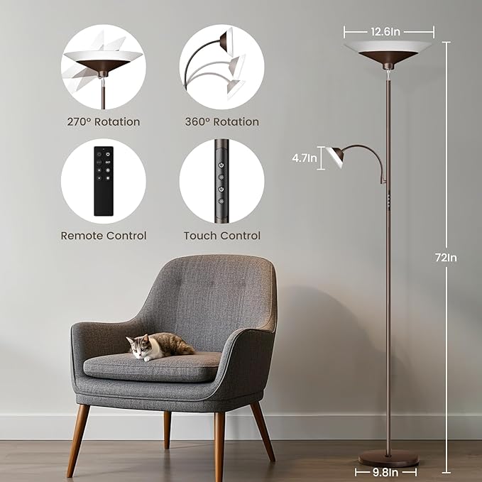 SIBRILLE Brown Torchiere LED Floor Lamp - 72" Rotating Standing Lamp with Remote, 34W Dimmable Floor Light with Color Changing, Tall Bright Corner Lamp for Reading Living Room Bedroom Office
