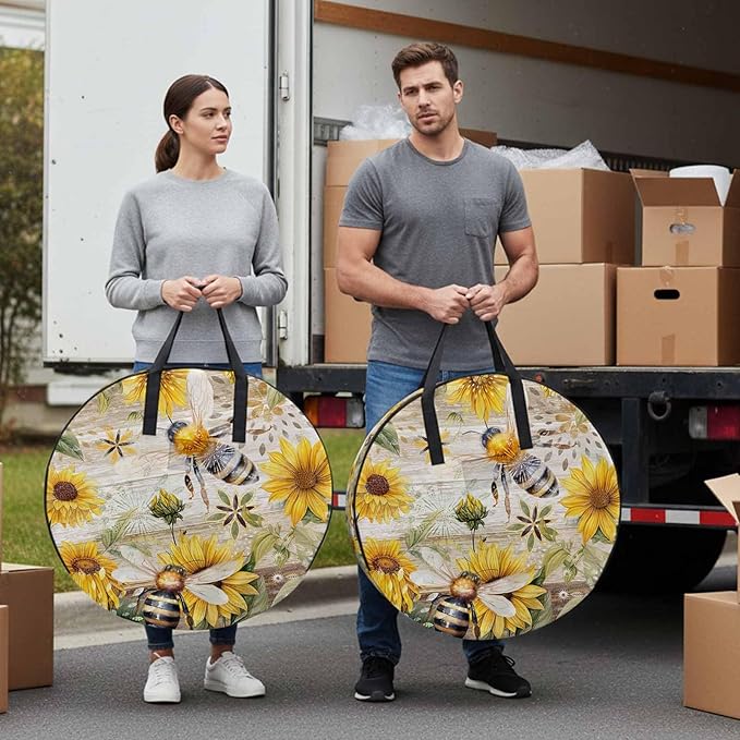 Summer Sunflower Bee Round Storage Bag 36 Inch, Yellow Floral Plants Wood Grain Rustic Clothes Storage Container with Handles Heavy Duty Organizer for Comforter, Bedding & Holiday Wreaths