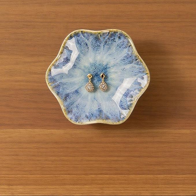 2Pcs Ceramic Jewelry Dish - Lotus Leaf Shape, for Ring Holder Necklace Small Key, Suitable for Mother Friend Sister, Gifts for Women, Cute Plate Trinket Tray, Home Decor (Light Blue & White)