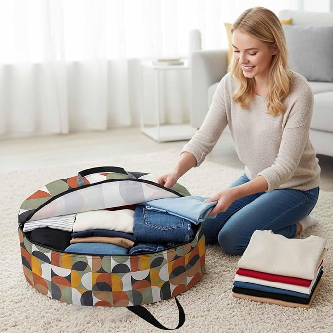 Storage Bag Mid Century Geometric Round Storage Totes Bins Closet Organizers with Zippers & Handle Abstract Modern Retro Clothes Storage Container for Bedroom Dorm Space Saving Packing Supplies Bags