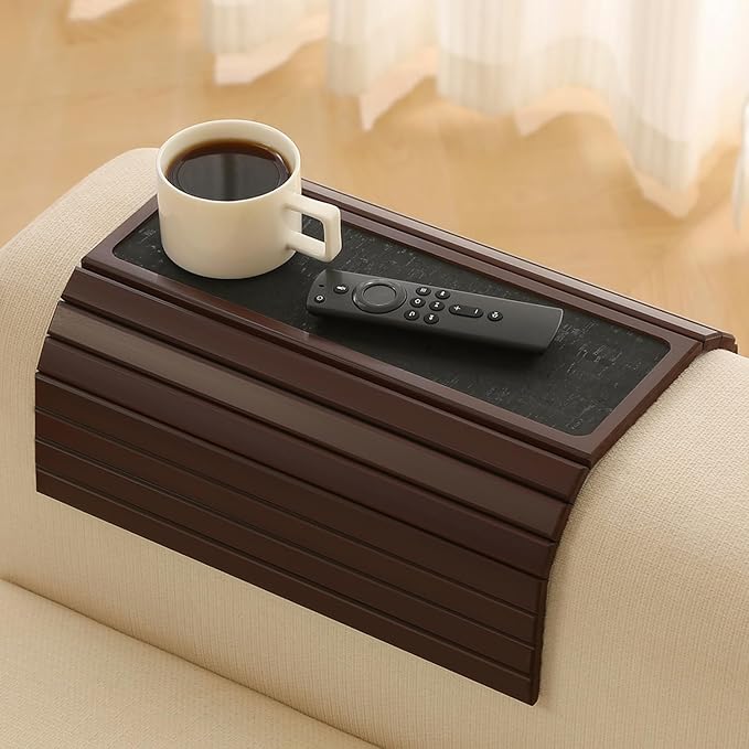 Bamboo Couch Arm Tray Table with Anti-Slip Cork Pad，Foldable Sofa Armrest Tray Table for Couch，Flexible Couch Arm Cup Holder，Portable Sofa Arm Chair Table for Drink, Snacks, Phone, Remote (Mahogany)