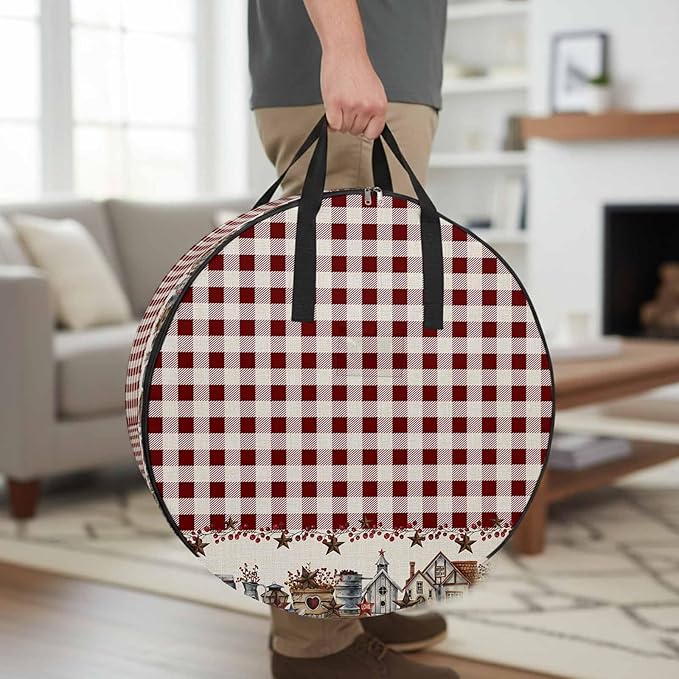 Storage Bag Barn Star Farmhouse Round Storage Totes Bins Closet Organizers with Zippers & Handle Red Buffalo Plaid Clothes Storage Container for Bedroom Dorm Space Saving Packing Supplies Moving Bags