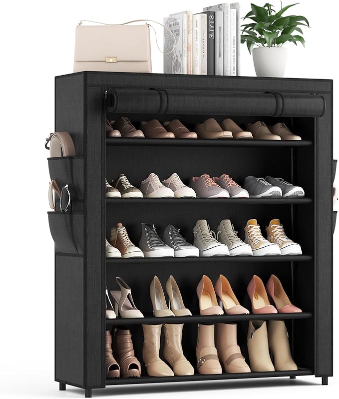 VILICK Shoe Rack with Cover, 5 Tier Shoe Organizer Storage for 20-24 Pair Shoes and Boots Large Shoe Storage Shelf Space Saving Vertical Shoe Rack for Closet, Front Door Entrance, Dorm, Garage
