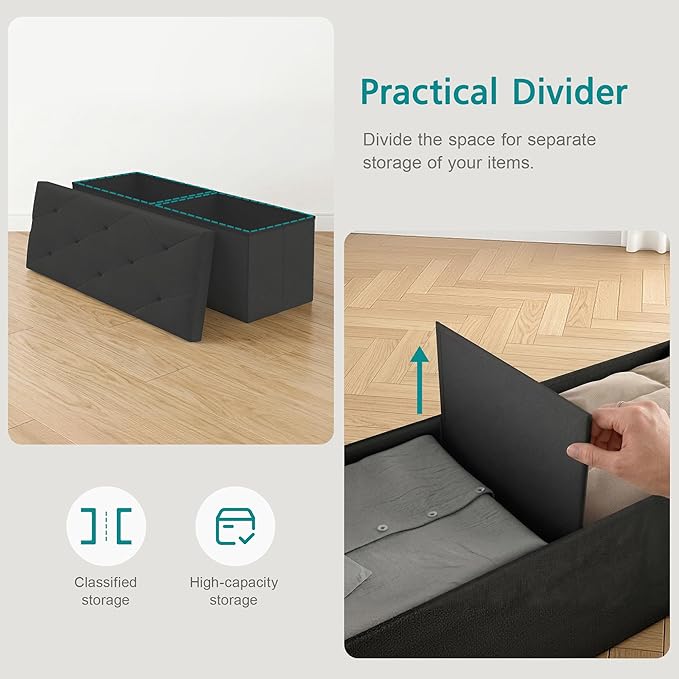 VECELO 43'' Folding Storage Ottoman Bench, Storage Chest, Linen Fabric Foot Rest Stool, 158L Storage Footstools for Bedroom and Living Room, Holds up to 660 lbs, DBlack