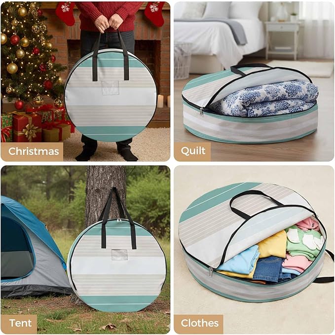 Storage Bag Cream Striped Round Storage Totes Bins Closet Organizers with Zippers & Handle Ombre Teal Stripes Clothes Storage Container for Bedroom Dorm Space Saving Packing Supplies Moving Bags