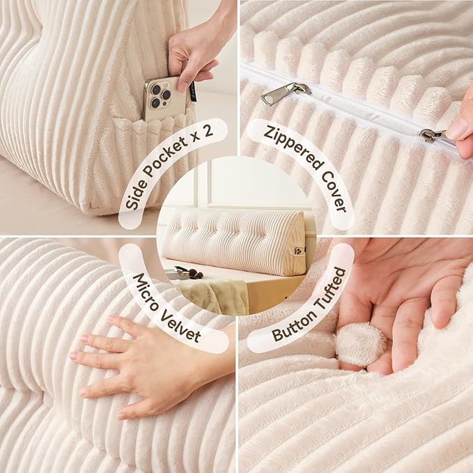 Z-hom Large Headboard Pillow Twin, NO ROLL Pillow, Wedge Pillow Headboard for Sitting Up in Bed, Backrest Support Triangular Cushion for Reading, Gap Pillow w/Removable Washable Cover,Cream