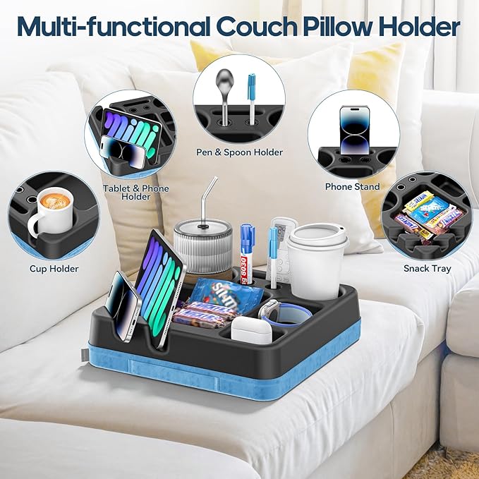 Couch Cup Holder Tray Couch Cup Holder Pillow Bed Tray Snack Sofa Bed Caddy Organizer Beach Sofa Drink Holder Anti-Spill Portable Snack Caddy Couch Remote Holder for Phone Pad Kindle Beverage Blue