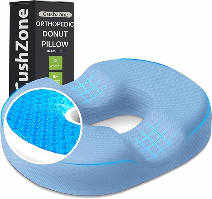 Donut Pillow Seat Cushion - Cooling Gel Outdoor Chair Cushions, Memory Foam Cushion for Office and Home, Car Seat and Patio Cushions, Hemorrhoids Pillow, Sciatica and Tailbone Pain Relief, Light Blue
