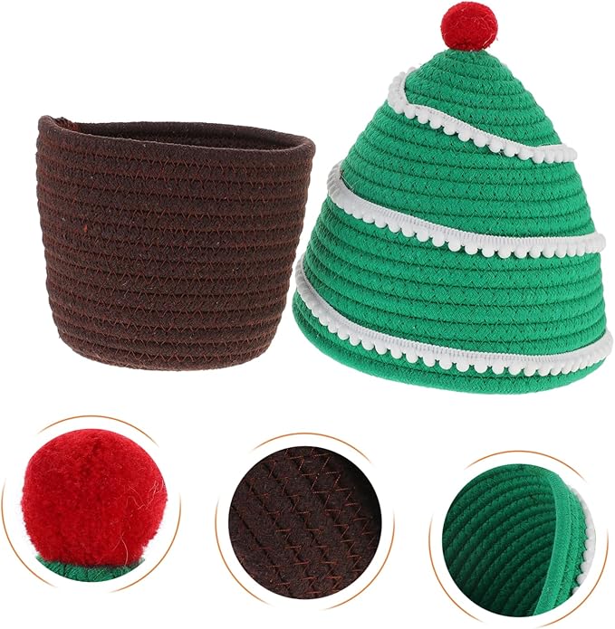 Garneck Christmas Tree Shape Woven Basket Lid Decorative Cosmetic Storage Holder for Home Organization Christmas-themed Desktop Container for Sundries Personal Items