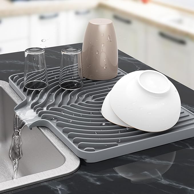 Silicone Dish Drying Mat for Kitchen Counter , Dish Drying Rack Matt with Built in Drain, 18 Inch dish Dry Mats for Kitchen Counter,Bumps up sink Applicable(18×12inch Extra Raised, gray)