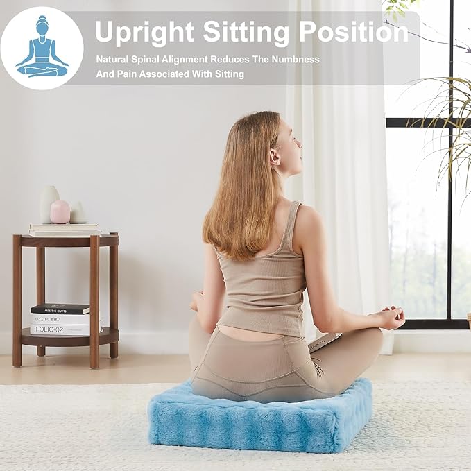 JKMAX 22 inches Floor Pillow for Adults - Large Meditation Cushion with Thick Foam & Soft Tufted Cover - Premium Outdoor Square Floor Cushion Seat - Yoga Pillows for Sitting On Floor - Sky Blue
