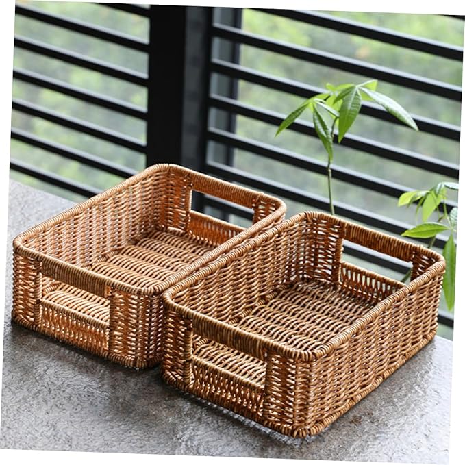 Rattan Storage Basket Wicker Tray Cutlery Basket Small Round Basket Coffee Condiment Holder Hanging Baskets for Storage Large Utensil Drawer Organizer Hamper Sundries Container Pp