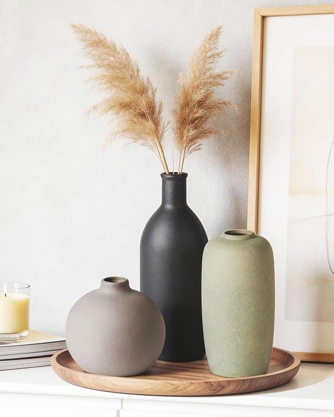 Ceramic Modern Vase Set of 3, Neutral Small Pottery Vases for Home Decor, Rustic Farmhouse Decor for Pampas Grass Dried Fresh Flowers, Decorative Vases for Living Room, Bathroom, Bookshelf, Entryway