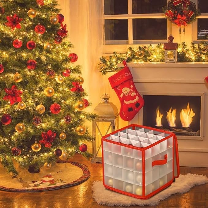 Christmas Ornament Storage Box,4 Tier Christmas Storage Box with Lid,64 Ornament Box With Durable Zippers and Dividers,Non-Woven & Tear-Proof Christmas Ornament Storage Containers,for 3"Seasons Balls