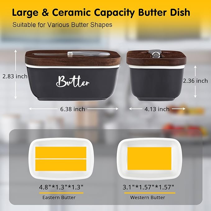 ALELION Ceramic Butter Dish with Lid and Knife for Countertop, Airtight Butter Keeper for Counter or Fridge, Butter Container with Thick Acacia Wood Lid, for Kitchen Decor and Accessories, Gray