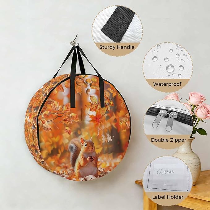 Orange Leaves and Squirrel Round Storage Bag 24 Inch, Fall Maple Leaf Thanksgiving Clothes Storage Container with Handles Heavy Duty Organizer for Comforter, Bedding & Holiday Wreaths
