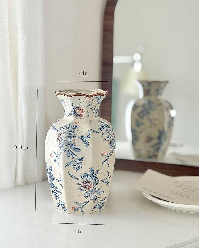 Vintage Chinoiserie Ceramic Vase, Porcelain Decorative Flower Vase for Centerpiece Living Room Table Shelf, Blue and White Country Decor