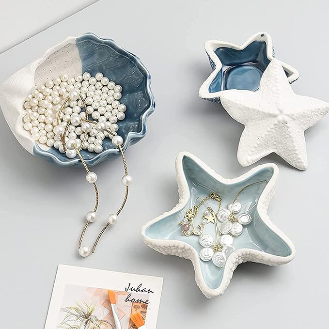 Starfish Jewelry Dish Tray - Ceramic Ring and Trinket Holder - Ocean Style Table Decoration for Earrings and Candy Storage