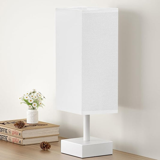 aooshine White Small Table Lamp - Bedside Lamp for Bedroom, Minimalist Nightstand Lamp with Square Fabric Shade, Desk Lamp for Kids Room Dorm