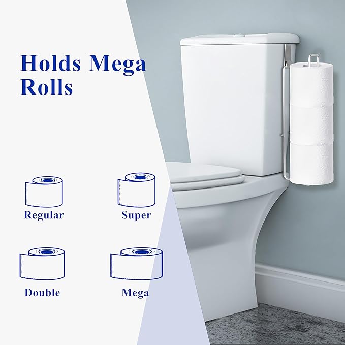 Bathroom Toilet Paper Holder with Storage, Over The Tank Toilet Paper Holder, Toilet Paper Roll Holder for 3 Rolls, Adhesive Tissue Holder for Bathroom, Silver, 2PC