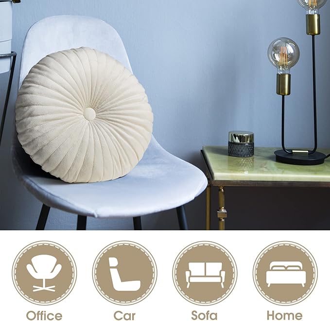 Namalu 3 Pcs Round Throw Pillow 13.8 Inch Decorative Round Velvet Floor Pillows Pumpkin Throw Pillows with Center Button for Thanksgiving Home Decor Living Room Sofa Couch Bed Chair (Beige)