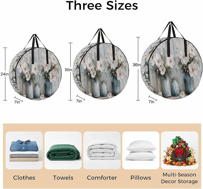 White Camellia Round Storage Bag 36 Inch, Spring Vintage Flower Oil Painting Style Wood Grain Clothes Storage Container with Handles Heavy Duty Organizer for Comforter, Bedding & Holiday Wreaths