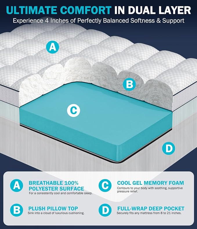Dual Layer 4 Inch Memory Foam Mattress Topper King Size, 2" Cooling Gel Memory Foam & 2" Pillow Top, Mattress Pad Cover for Back Pain Relief, Deep Elastic Pocket, Medium Support, White