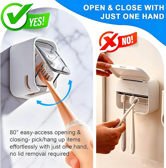 Toothbrush Holders for Bathroom - 3 Pack, Single Slot Space-Saving Design 2.0, Wall Mounted with Cover for Shower, Single Tooth Brush Holder Dispenser Storage Organizer for Family & Travel