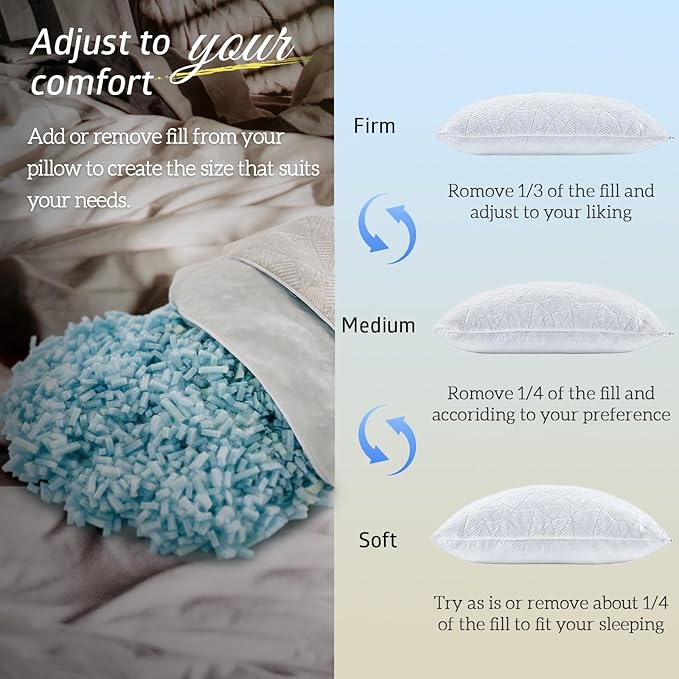 BETU Cooling Pillows Queen Size Set of 4, Shredded Memory Foam Bed Pillows for Sleeping, Adjustable Firm Cool Pillow for Neck Pain and Side Sleeper White