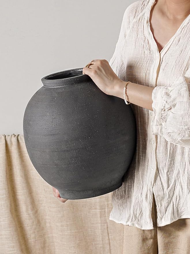 Black Ceramic Vase - Large 12.5 Inch Round Floor Vase for Centerpieces, Farmhouse Flower Vases, Rustic Minimalist Home Decor (Sandstone Black)