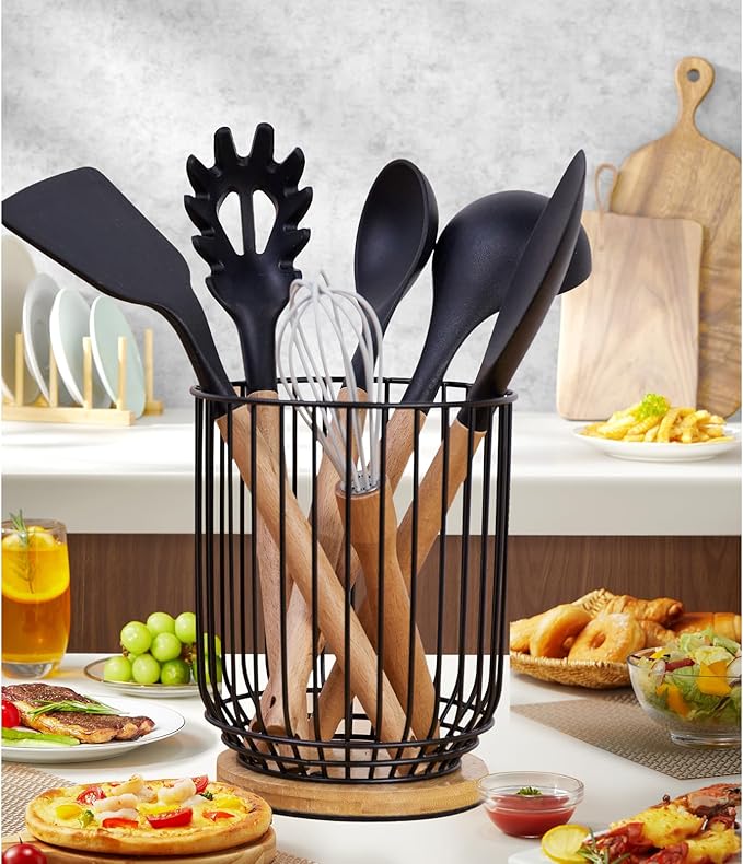WDT Tool Utensil holder for Kitchen Counter，Large Utensils Holder For Farmhouse Cooking, Utensil Caddy Spatula Holder (Metal+Bamboo-1)