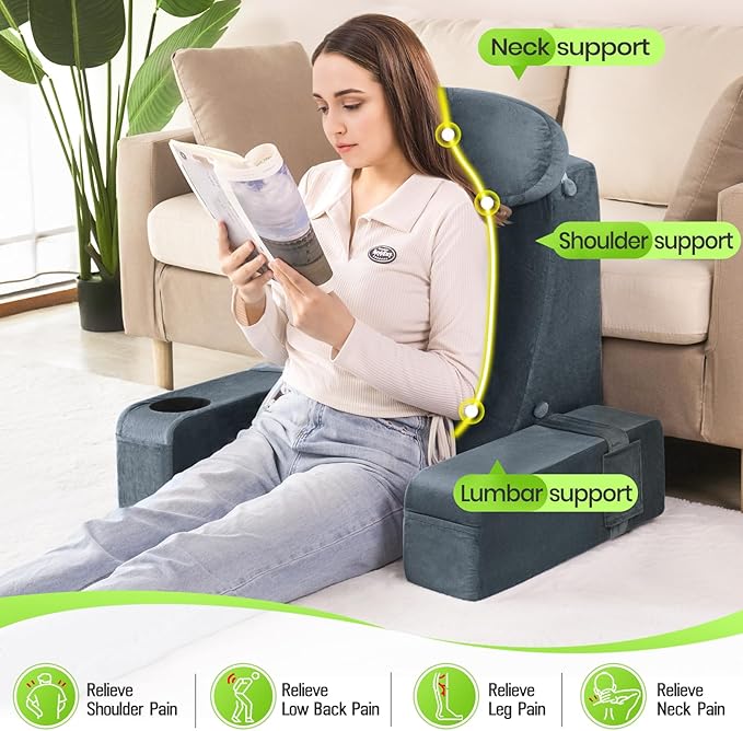 AS AWESLING 21 INCH Reading Pillow for Adults, Back Pillow for Bed Sitting Up, Backrest Pillow for Sitting in Bed, Detachable Arms with Built-in Cup & Phone Caddy (Dark Gray, 21 INCH)