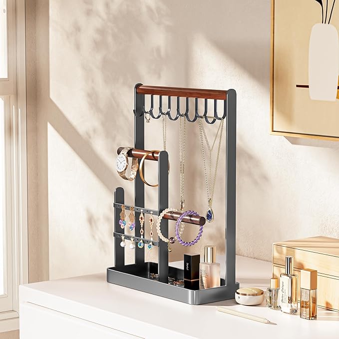 ProCase Jewelry Stand Holder Organizer, 4-Tier Necklace Holder with Ring Tray, 10 Hooks Necklaces Hanging Small Jewelry Display Storage Tower Tree for Bracelets Earrings Watches -Medium, Grey