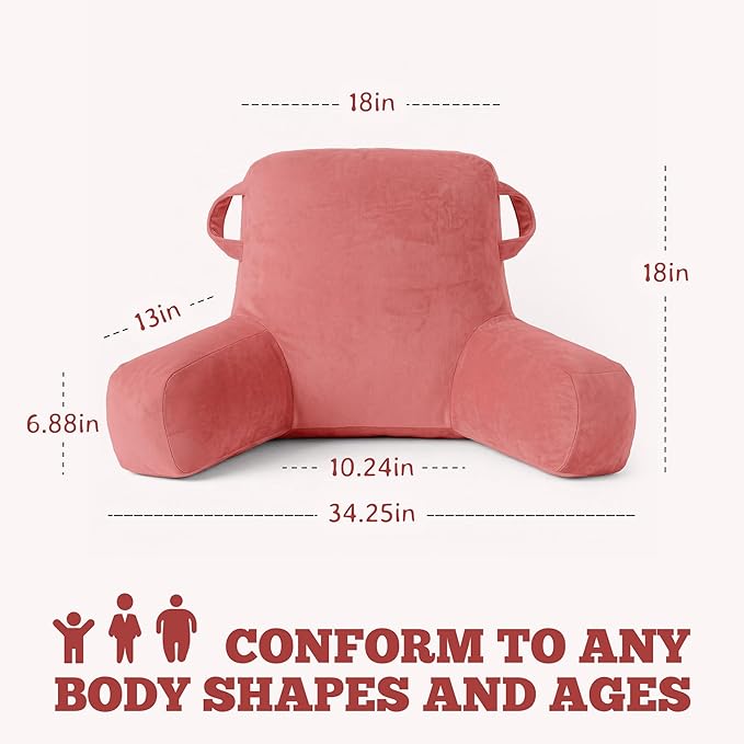 Unisakey Portable Comfy Reading Pillows for Bed Sitting Up(Dark Pink Oeko-Tex), Velvet Back Pillow with Arms & Pockets for Adults, Support Memory Foam Bed Pillow for Dorm/Reading/Watching/Gaming