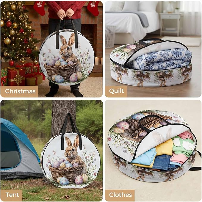 30 Inch Round Storage Bag 2 Pack,Easter Bunny Egg Basket on White Waterproof Wreath Storage Container with Handles&Zipper Spring Pastoral Plant Closet Organizer Bags Garland Box