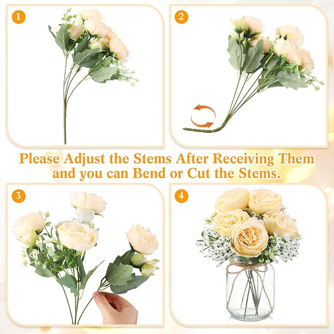 Zeyune Mason Jar Centerpiece Table Decorations, Artificial Peony Baby's Breath Flower Bouquets, Faux Flowers with Vase, Rustic Decor Gifts for Home, Wedding, Holiday(6 Sets,Champagne)