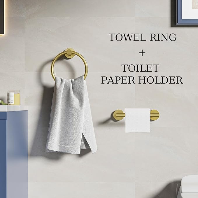 Brushed Gold Toilet Paper Holder & Towel Holder, Bathroom Hardware Set-SUS304 Stainless Steel Double Post Pivoting Tissue Roll Holder and Hand Towel Ring Set for Bathroom, RV