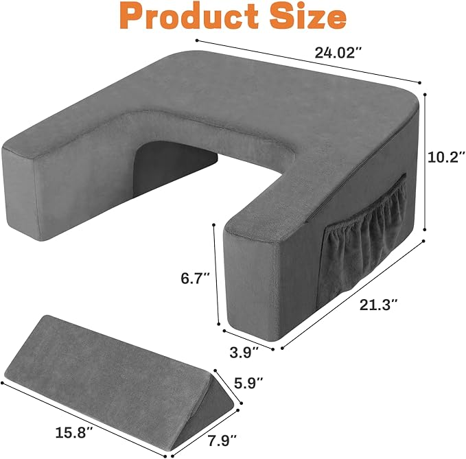 TranquilRelax Reading Pillow for Sitting in Bed Adult Size, Back Pillow for Bed Sitting Up, Memory Foam Gaming Pillow, Lap Pillow with Triangular Pillow, Grey Bed Desk for Laptop and Writing/Gaming