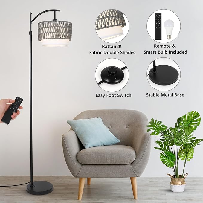eyassi Floor Lamps for Living Room, Arc Standing Lamp with Remote & Dimmable Bulb, Boho Rattan Floor Lamp for Bedroom with 3 Color Temperatures, Farmhouse Tall Lamp, Height Adjustable Stand up Lamp
