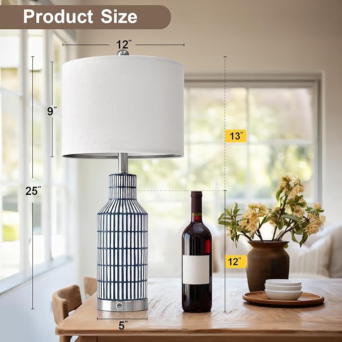 USumkky 25" Modern 3-Way Dimmable Touch Control with USB A+C Ceramic Lamps Set of 2 Table Lamp for Living Room Bedroom Farmhouse Nightstand Bedside Blue