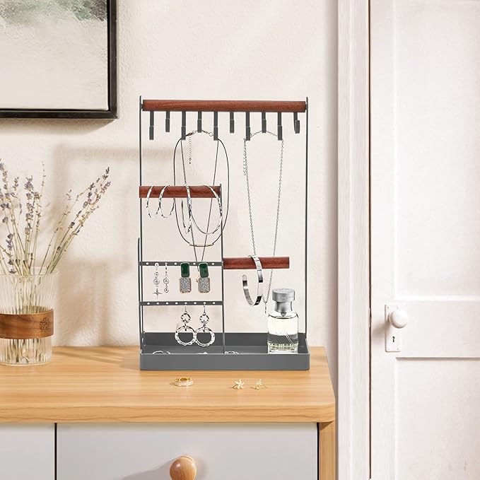 ProCase Jewelry Stand Holder Organizer, 4-Tier Necklace Holder with Ring Tray, 10 Hooks Necklaces Hanging Small Jewelry Display Storage Tower Tree for Bracelets Earrings Watches -Medium, Grey