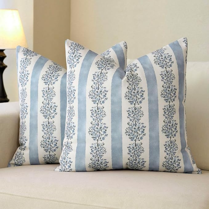DOMVITUS Floral Throw Pillow Covers 20x20 Inch Set of 2, Block Print Decorative Pillow Covers Vintage Striped Neutral Farmhouse Boho Home Decor for Couch Sofa Bed Living Room, Light Blue