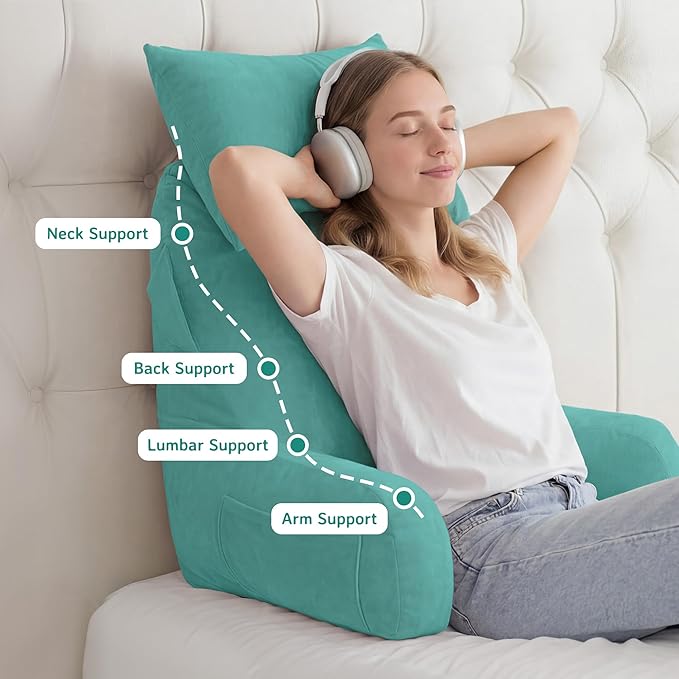Unisakey Portable Reading Pillows with Headrest for Bed Sitting Up(Lake Blue Oeko-Tex), Velvet Back Pillow with Arms & Pockets for Adults, Support Memory Foam Bed Pillow for Dorm/Watching/Gaming