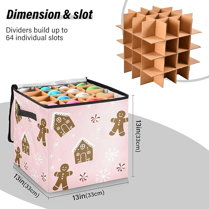 Pink Snowflake Christmas Ornament Storage Basket Box Winter Xmas Holiday Storage Container Cube with Adjustable Dividers for 64 Holiday Ornaments or Decorations Keeps Clean and Dry for Next Season