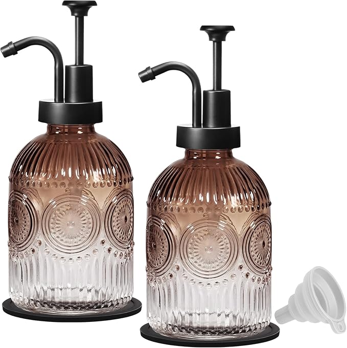 SheeChung 12Oz Vintage Glass Bathroom Soap Dispenser, Kitchen Dish Soap Dispenser with Pump, Refillable Liquid Hand Soap Bottle, Lotion, Antique Rustic Farmhouse Decor (Brown-Black Pump, 2 Pack)