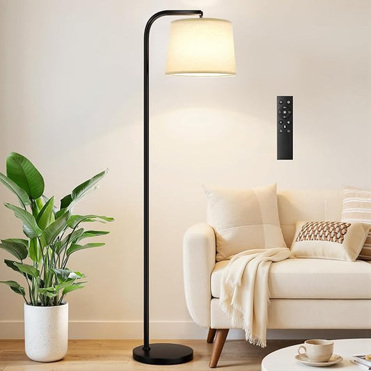 Ambimall Remote-Controlled Floor Lamp - Color Temperature Adjustable and Fully Dimmable, Standing Lamp for Living Room with Rotating Head, Tall Lamp for Bedroom, 9W Bulb Included (Black and Beige)