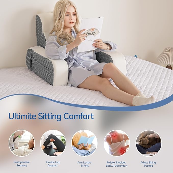 Kayfia Reading Pillow, 10 in 1 Back Pillow for Bed Sitting up with Detachable Arms Rest, Back Rest Pillow with Gel Memory Foam, for Reading/Gaming/Working in Bed or Couch 21'', White