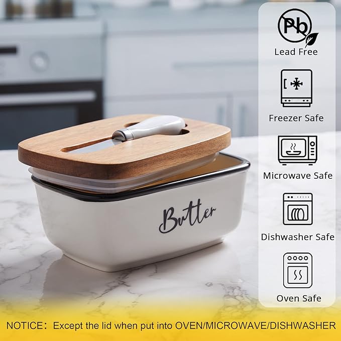 Ceramic Butter Dish with Lid and Knife for Countertop, Airtight Butter Keeper for Counter or Fridge, Butter Container with Thick Acacia Wood Lid, for Farmhouse Kitchen Decor and Accessories, White
