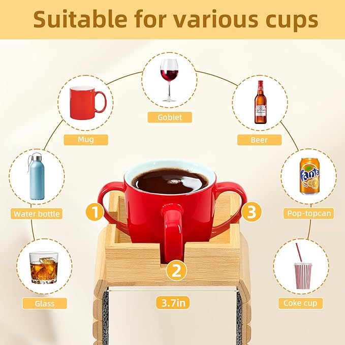 Bamboo Couch Cup Holder - Non-Slip Couch Armrest Tray for Recliner, Loveseat for Caddy Table for Drinks Cellphone TV Remote Storage(Large)