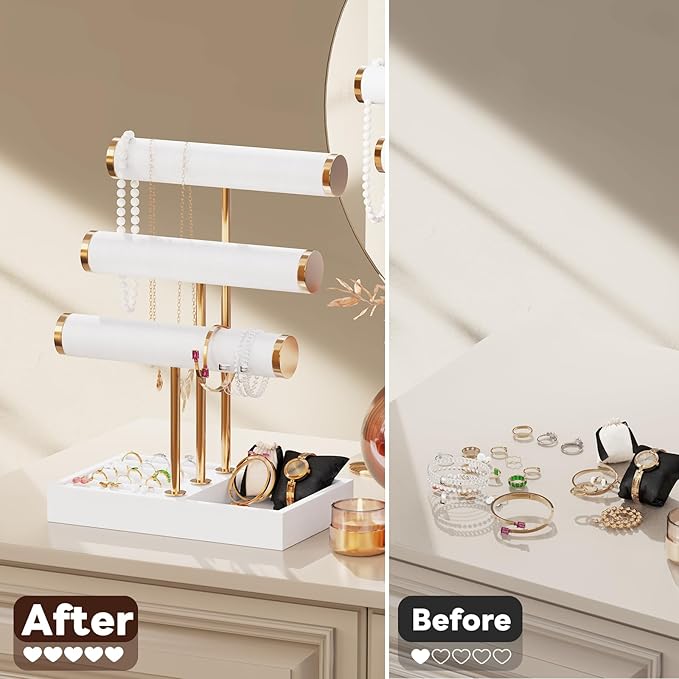 Abiglifty 3 Tier Necklace Holder Display, Jewelry Organizer, Jewelry Stand, Bracelet Display, Necklace Organizer, Bracelet holder, Jewelry Display for Necklace, Watches, Rings, white